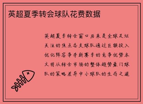 英超夏季转会球队花费数据
