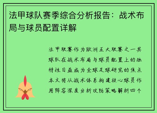 法甲球队赛季综合分析报告：战术布局与球员配置详解
